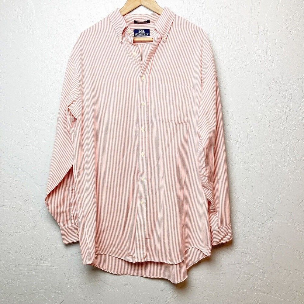 stafford pink and white striped mostly cotton mens button down shirt sz 17